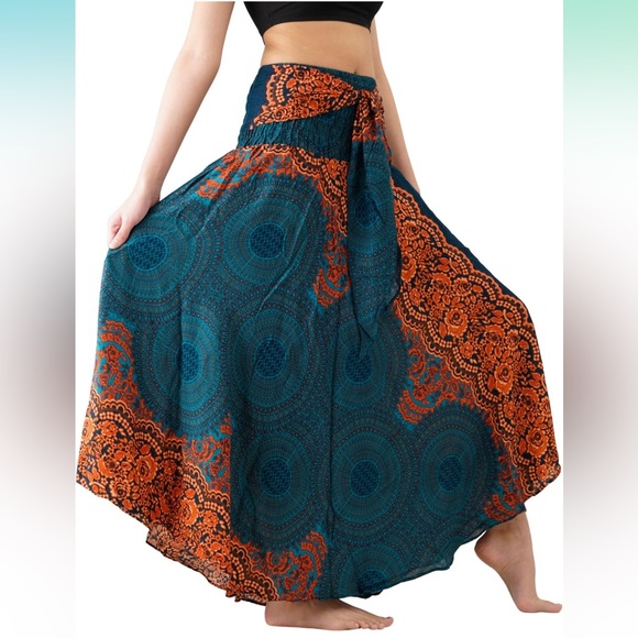 Maxi Boho Skirt Floral Print Peacock Blue/Orange - Picture 1 of 7